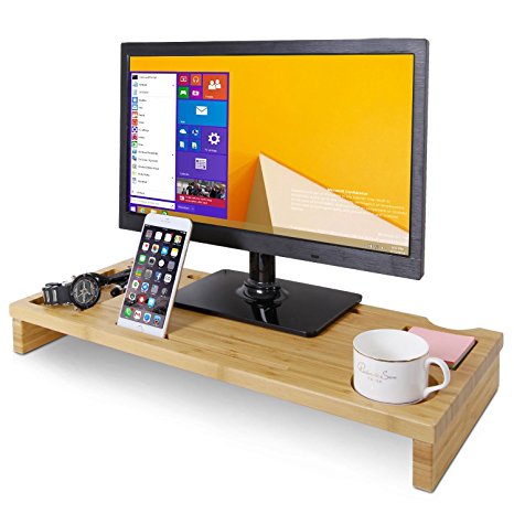 Lifewit Bamboo Monitor Stand Screen Riser for PC/Monitors/Computers/Laptops, Desktop Organizer with Laptop Cellphone Slot, 23.6" 9.8" 2.6" ( L x W x H )