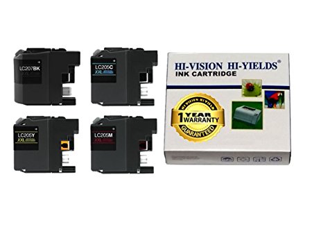 HI-VISION® Compatible Brother LC205 LC207 XXL Super High Yield Black,Cyan,Yellow,Magenta ink cartridges replacement for MFCJ4320DW,J4420DW,J4620DW Color printer LC207BK,LC205C,LC205Y,LC205M 4pks