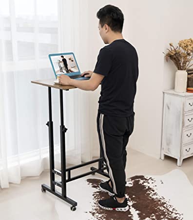 Akway Small Computer Desk Standing Desk with Wheels 31.4 x 19.6 inches Height Adjustable Desk Sit Stand Desk Rolling Cart Compact Computer Desk, Teak