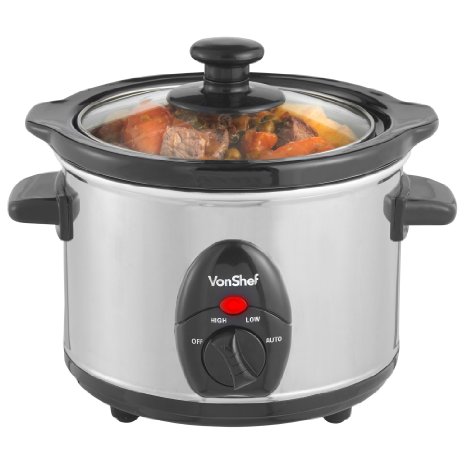 VonShef Electric Slow Cooker 1.5L Litres Stainless Steel Pot, 2 Year Free Warranty - Removable Round Oven to Table Dish with Toughened Glass Lid