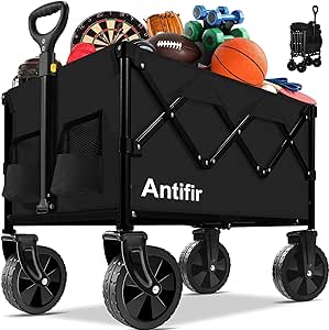 Collapsible Folding Wagon Cart, Portable Garden Wagon Cart All Terrain with Large Capacity, Heavy Duty Foldable Utility Wagon Cart for Groceries, Sports, Shopping, Camping Outdoor, Black