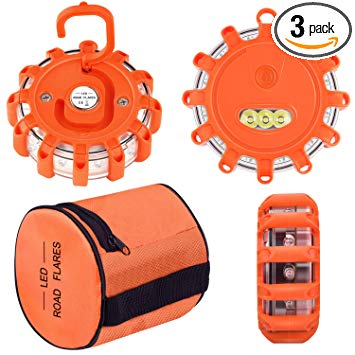 Vancle LED Road Flares 3 PACK Flashing Warning Light Roadside Flare Emergency Disc Beacon Kit, Magnetic Base with Hook for Car or Boat (Batteries Not Included) (set of 3)