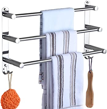 HONPHIER Adjustable Towel Rail 3-Tier Bath Towel Rack SUS 304 Stainless Steel Towel Shelves with Hooks Wall Mounted Towel Holder Towel Bar for Kitchen Bathroom 49-90CM, Chrome