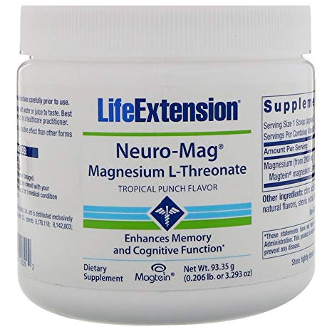 Life Extension Neuro-Mag Magnesium L-Threonate Powder Tropical Punch Flavor - 3.293 Ounce