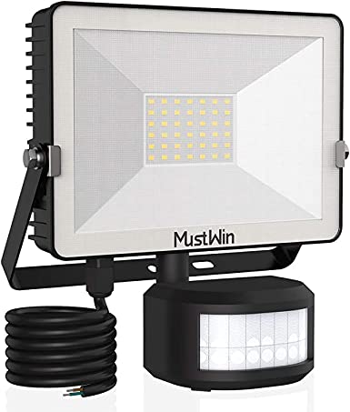 Security Lights Outdoor Motion Sensor, MustWin 30W LED Floodlight 3000LM PIR Lights 6000K Daylight White Flood Light with 2M Power Cord IP65 Waterproof Lighting for Outside Garden Corner Garage Wall