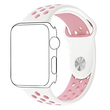 Silicone Replacement for Apple watch band,Fantete Soft Breathable Wrist Strap for Apple Watch Series 2,Series 1,Sport,Edition,38mm,M/L(White/Pink)