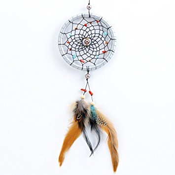 Lares Domi Bohemian Dream Catcher Wind Chimes Pendant Handmade Beaded Feather Circular Net Hanging Ornament For Car Kids Bed Room Wall Home (4.4 x 16.5 in.)