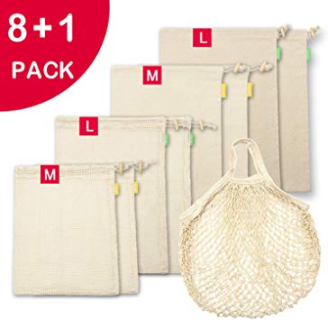 Reusable Produce Bags, Organic Cotton Mesh Bags & Muslin Bulk Bin Bags for Grocery Shopping, Eco Friendly Drawstring bags with Tare Weight on Tags, Double-Stitched Seams, Machine Washable, 9 Pack
