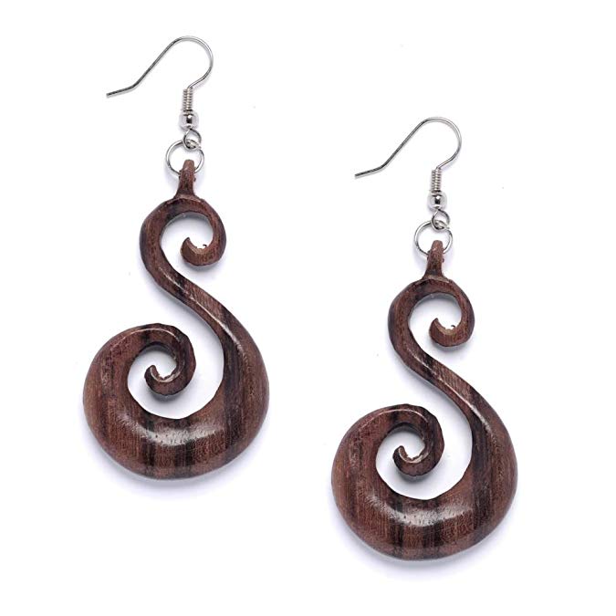 81stgeneration Women's Wood .925 Sterling Silver Spiral Tribal Maori Brown Dangle Earrings