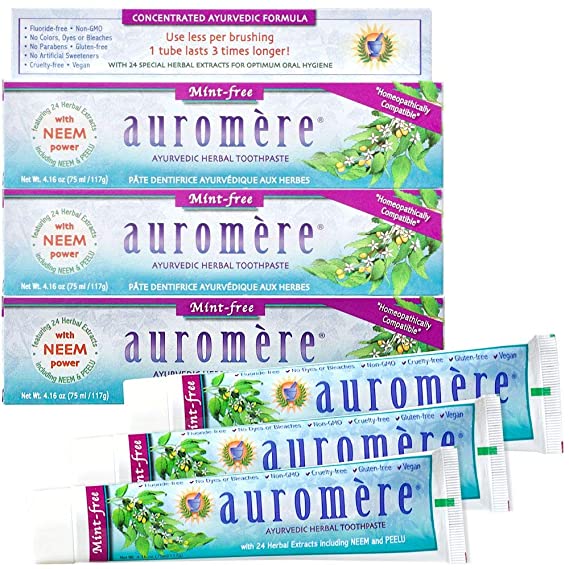 Auromere Ayurvedic Herbal Toothpaste, Mint Free - Vegan, Natural, Non GMO, Fluoride Free, Gluten Free, with Neem & Peelu (4.16 oz), 3 Pack