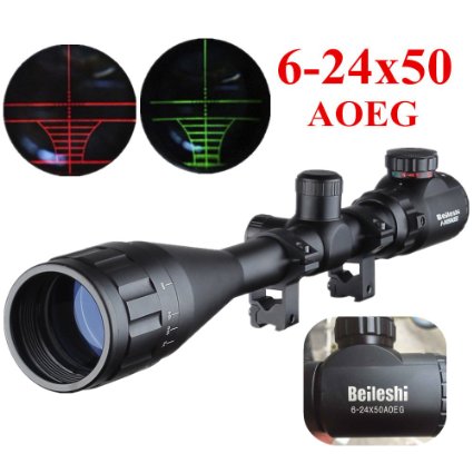 Beileshi 6-24X50mm AOEG Optics Hunting Rifle Scope RedGreen Illuminated Mil-dot Reticle Crosshair Gun Scope With Free Mounts