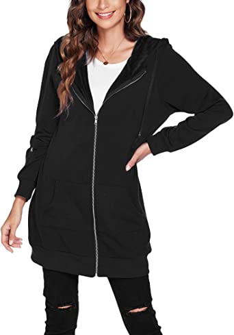 ACEVOG Women's Long Hoodies Casual Zip Up Sweatshirt Fleece Tunic Jacket with Pockets