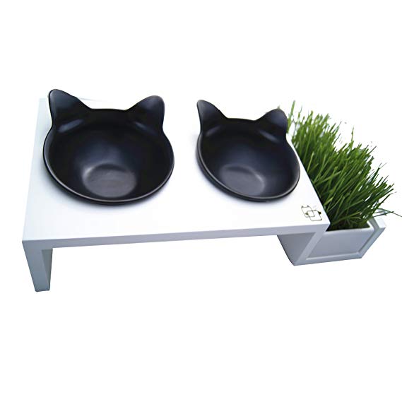 ViviPet Cat Dining Table - 15° Tilted Platform Pet Feeder_ Solid Pine Stand with Ceramic Bowls – Elevated Cat Feeder Raised Cat Bowl Mykonos Collection