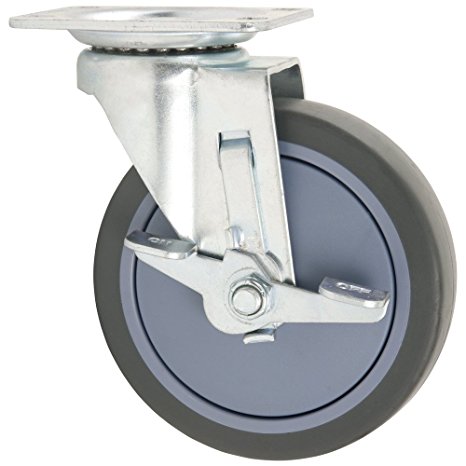TPR Rubber Caster Wheel with Swiveling Top Plate w/ Brake  - 5-Inch -  350 lb. Load Capacity  -  Non-Marking for Hospitals, Food Service, & Other Institutional Applications