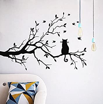 CUGBO Cat On Long Tree Branch Wall Decal Cat Window Art Sticker Removable DIY Vinyl Rooms Home Decor,Black