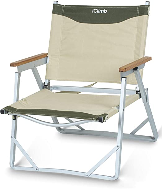 iClimb Ultralight Low Beach Concert Camping Folding Chair with Handle and Shoulder Strap (Beige)