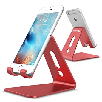 [Updated Solid Version] OMOTON Desktop Cell Phone Stand Tablet Stand, Advanced 4mm Thickness Aluminum Stand Holder for Mobile Phone (All Size) and Tablet (Up to 10.1 inch), Red