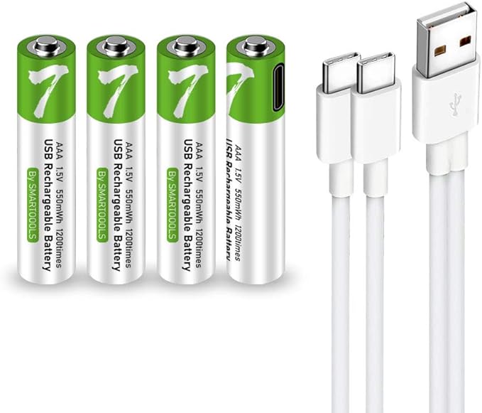 USB AAA Lithium ion Rechargeable Battery, High Capacity 1.5V 550mWh Rechargeable AAA Battery, 1 H Fast Charge, 1200 Cycle with Type C Port Cable, Constant Output,4-Pack