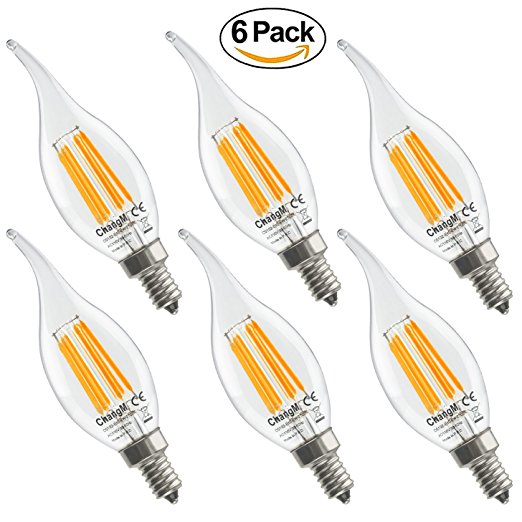 LED Chandelier Light Bulbs E12 6W LED Filament Bulb 2700K Warm White 600LM, 60W Equivalent, Non-Dimmable, Glass Flame Shape Bent Tip, 360 Degrees Beam Angle, Pack of 6