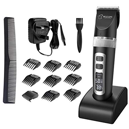 BESTOPE Professional Cordless Hair Clippers Rechargeable Hair Trimmer Electric Hair Clipper Set with Titanium Ceramic Blade LED Screen Display Charging Base & Adapter for Barber and Home use