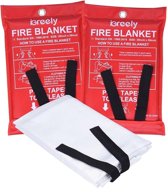 iGreely 2 Pack Fire Blanket, Fiberglass Fire Emergency Suppression Blanket for Kitchen Home Camping Car Office School Welding Warehouse Survival Safety 39” x 39”