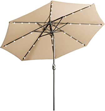 Aok Garden LED Outdoor Umbrella,9 ft Patio Umbrella LED Solar Power with Push Button Tilt and Crank Lift Ventilation,8 Sturdy Ribs Non-Fading Sunshade,Light Sand