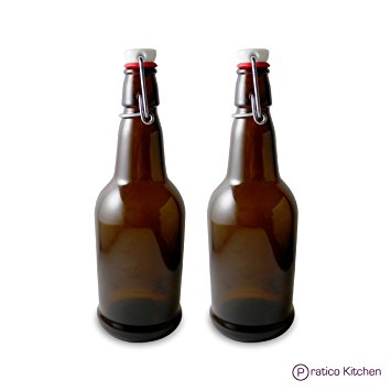 Secure Swing 16 oz Beer Bottles with Ceram-Seal Ceramic Cap for Fermentation & Carbonation of Beer, Soda, & Kombucha - 2 Pack - Amber