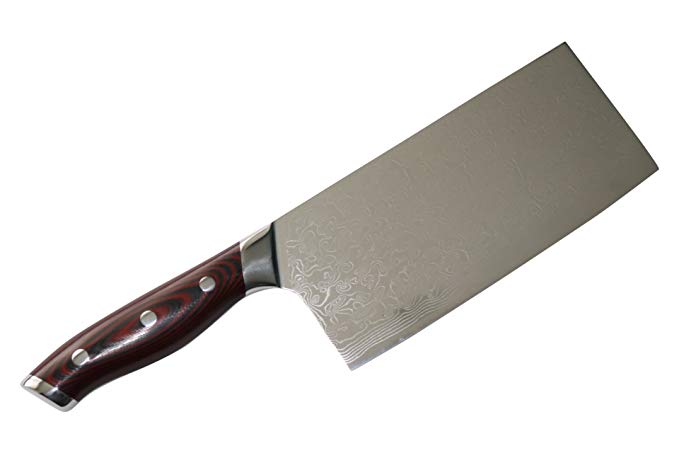 7-inch Professional (80 mm width) Damascus Chopper Knife by Kamosoto with High Carbon Japanese 67 Layers VG-10 Damascus Stainless Steel, Ergonomic G10 Handle and Beautiful Tiny Wave Blade Pattern, KAM582