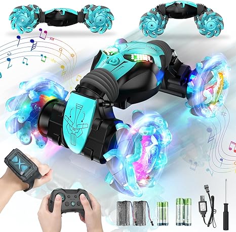 kidstinct 3-IN-1 Gesture RC Sensing Stunt Car, 2.4Ghz Hand Remote Control Car with Music & Light Rechargeable Electric Toy Cars, 360° Rotation Transform Robot RC Cars 50Min Standby for Any Terrain