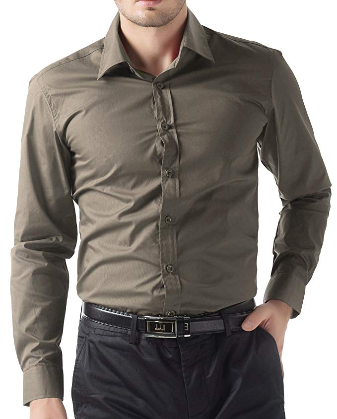 Classic Men's Dress Shirts Long Sleeves Button Down Plain Slim Fit Tops