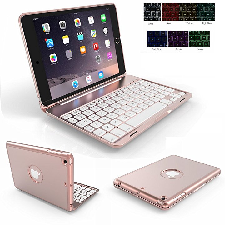 iPad Mini 1/2/3 Keyboard Case,Genjia Portable Carrying Aluminum Holder Wireless Bluetooth Keyboard Hard Case with Backlit Ultra-thin Folio Cover Flip Smartcover for iPad Mini 1,2,3 (Rose Gold)