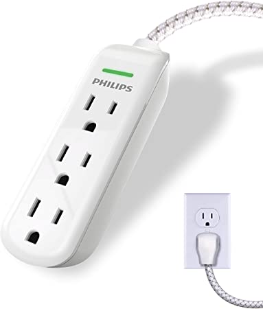 Philips 3 Outlet Surge Protector Power Strip, 8 Ft Extra Long Power Cord, Designer Braided Extension Cord, Flat Plug, Perfect for Office or Home Décor, 300 Joules, ETL Listed, White, SPC3434WB/37