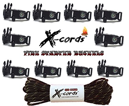 X-cords Emergency Fire Starter Buckle Contoured 1/2 to Make Paracord Bracelet Includes Paracord 850-use with 550 and 750 Cord. (10 Pack)c