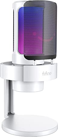 FIFINE Gaming USB PC Computer RGB Microphone for Live Streaming, Meeting, Podcasting, Video, Condenser Mic with Monitoring Headphone Jack, Light Control, for MAC OS/Windows-AmpliGame A8 White