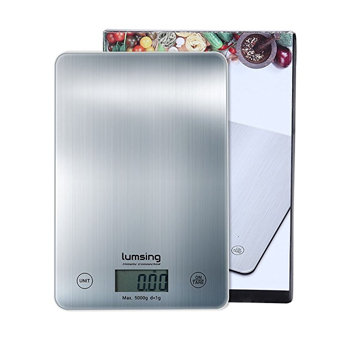 Digital Kitchen Scale, Lumsing Accurate Cook Scale with Tare Function and Tempered Glass Surface, 11lb/5000g (Silver)