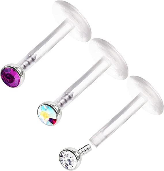 3PCS Bioplastic Push In Labret Lip Rings 16 gauge 1/4 6mm 2mm Crystal Rim Earrings Spider Bite Piercing Jewelry Choose Colors