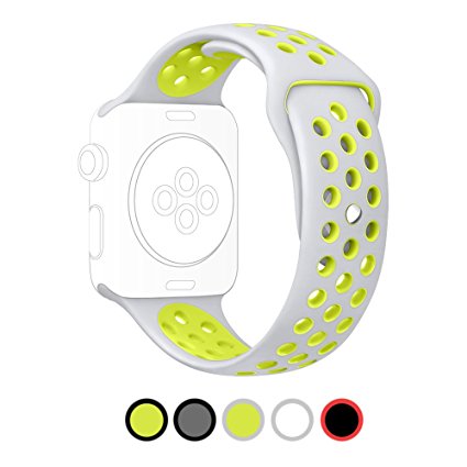 SUNKONG Soft Silicone Sport Watch Band with Ventilation Holes for 38mm/42mm Apple Watch Nike  and All Apple Watch Models (M/L - Silver / Volt Yellow)