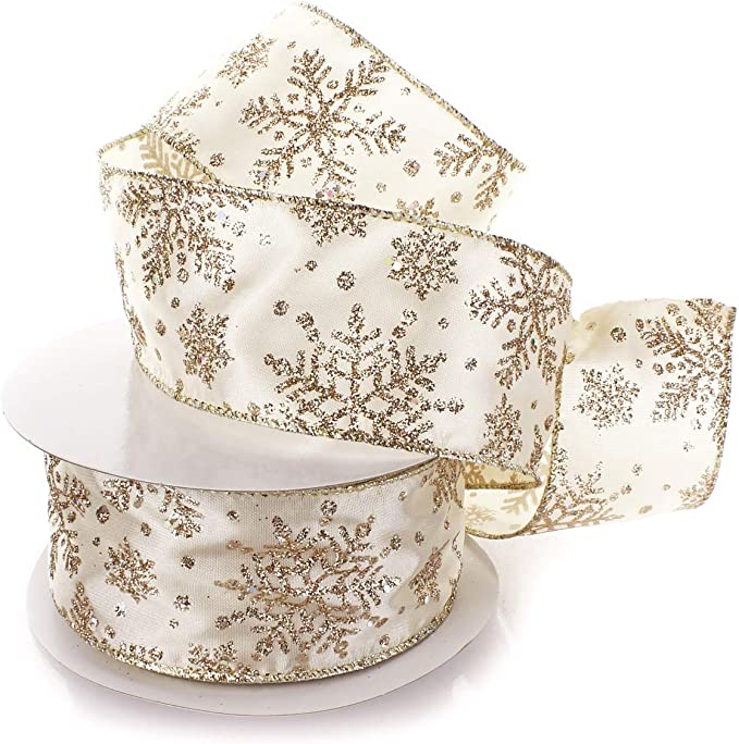 Ribbon Traditions Glitter Snowflakes Satin Wired Ribbon 2 1/2 Inch By 10 Yards - Light Gold