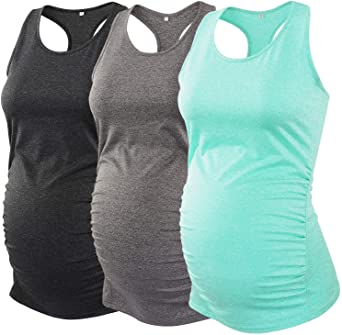 Ecavus 3PCS Women's Maternity Tank Tops Seamless Racerback Workout Athletic Yoga Tops Pregnancy T-Shirt