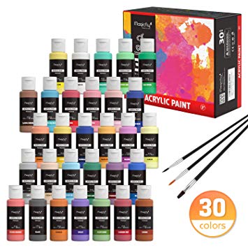 Magicfly 30 Colors Acrylic Paint Set (2fl oz/60ml Each), Artist Quality Non-Toxic Craft Paints with 3 Brushes, for Multi-Surface Paint on Canvas, Paper, Wood, Stone, Ceramic and Model