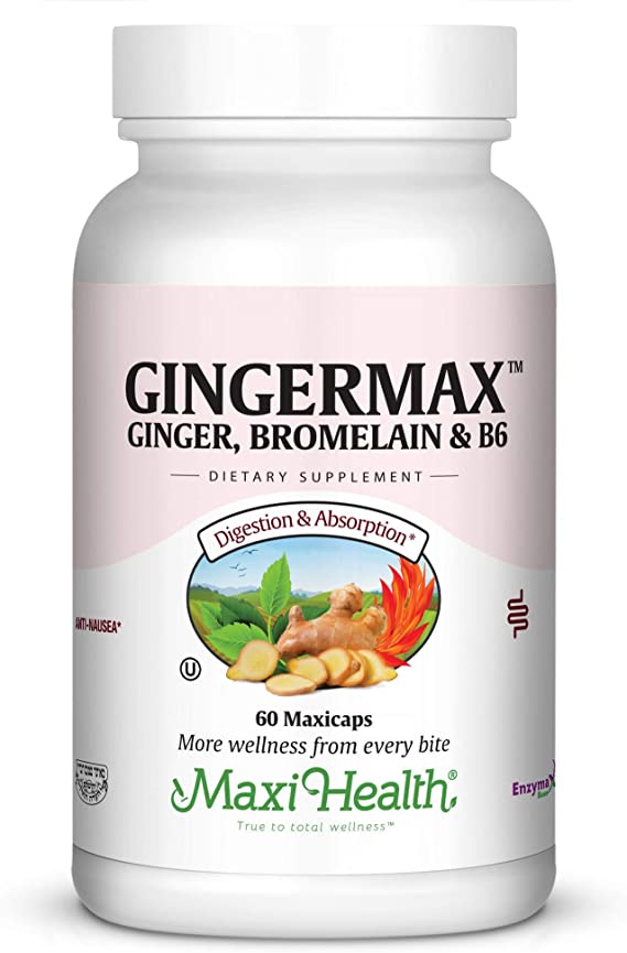 Maxi Health Gingermax - Ginger - Bromelain & Vitamin B6 - Digestion Health - 60 Capsules - Kosher (QGER)