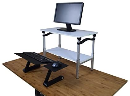 LIFT Standing Desk Converter. Tall adjustable height portable affordable sit to stand up desktop riser conversion stand with negative tilt keyboard tray, White Desk and Black Keyboard Tray