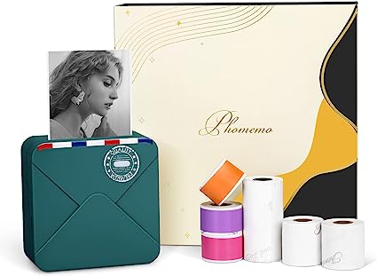 Phomemo M02S 304dpi Mini Pocket Printer Set-Bluetooth Thermal Portable mini Photo Printer for Plan list, Home Organization, with 1 53mm Paper, 2pcs 25mm Paper, 3pcs 15mm Paper,blackgreen