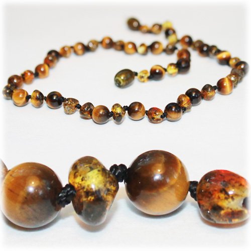 The Original Art of Cure Baltic Amber Teething Necklace (Semi-Precious)- 12-12.5 Inches (tiger eye/Green)