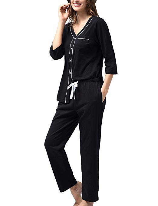 COLORFULLEAF 100% Cotton Pajamas Set Women Button Up 3/4 Sleeve PJ Top Pants