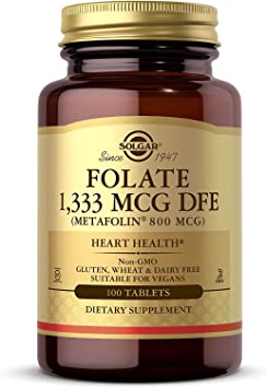 Solgar Folate 1,333 mcg DFE, 100 Tablets - 800 mcg Bio-Active Metafolin - Heart Health - Non-GMO, Vegan, Gluten Free, Dairy Free, Kosher - 100 Servings