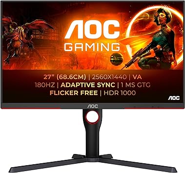 AOC Gaming Q27G3XMN - Moniteur QHD 27 pouces, 180 Hz, FreeSync Prem. Pro., HDR1000 (2560x1440, 1 ms GtG, HDMI, Display Port) noir-rouge