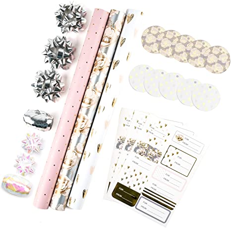 MAYPLUSS Wrapping Paper Set - Mini Roll with Bow & Ribbon & Gift Tags & Stickers- 17.3 inch X 120 inch Per roll - Pink and Gray Floral Design (43.2 sq.ft.TTL)