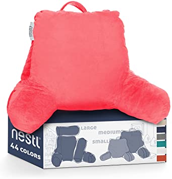 Nestl Reading Pillow, Medium Back Pillow, Backrest Pillows for Bed with Arms, Shredded Memory Foam Back Pillows for Sitting in Bed, Back Support Pillow for Kids Teens & Adults, Coral Pink