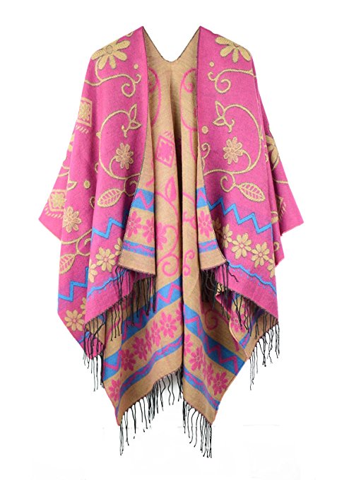 Juruaa Women's Tassel Poncho Sweater Elegant Floral Print Pashmina Shawl 3 Color